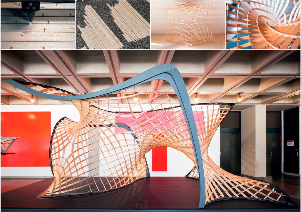 Fig. 5: Prototype model at scale 1:5. A network of asymptotic lines on a clipping of a minimal Schwarz D surface. The support structure was constructed from straight strips of beech veneer. All joints are identical and orthogonal. Model: Denis Hitrec; Foto: Magdalena Jooß